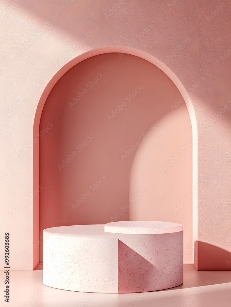 Poster a minimalist set featuring a round pedestal and an arch, both in soft pink tones, creating a serene 
