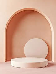 Fototapeta premium Soft pastel backdrop featuring a curved arch with circular forms, creating a minimalist and modern style aesthetic.