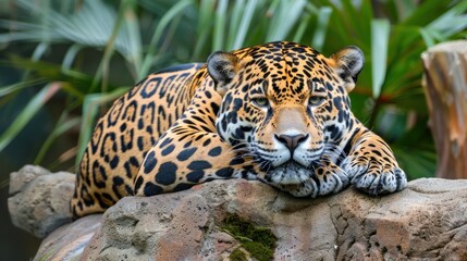 A jaguar resting on a jungle rock