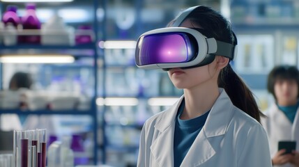 A scientist in a lab coat explores virtual reality technology while researching advancements in science and technology.