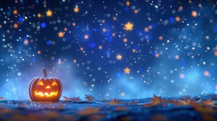 Fototapeta premium A spooky pumpkin glows in the night with copy space, surrounded by falling leaves and stars, perfect for Halloween-themed projects.