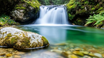 Naklejka premium Small waterfall in a clean river, surrounded by mossy rocks, ferns and wildflowers, a serene and vibrant natural scene