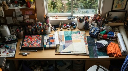 A creative workspace with various materials for sewing and quilting, highlighting the beauty of fabric art.