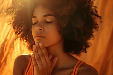 Beautiful African American woman with afro praying in the golden sunlight.