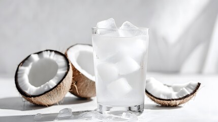 Refreshing coconut water in a glass with ice on a white background