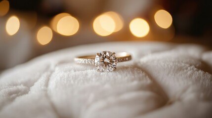 Obraz premium A diamond engagement ring on a white velvet cushion with soft lighting and a blurred background.