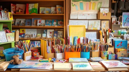 Obraz premium A display of educational materials for children, including books, art supplies, and learning tools