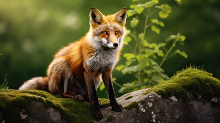 Fototapeta premium An elegant fox sits gracefully on a moss-covered rock, surrounded by lush green foliage, embodying natural beauty and alertness.