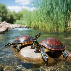 Obraz premium Turtles basking on rocks in a clear river, surrounded by tall grasses, water gently flowing, a serene and natural setting