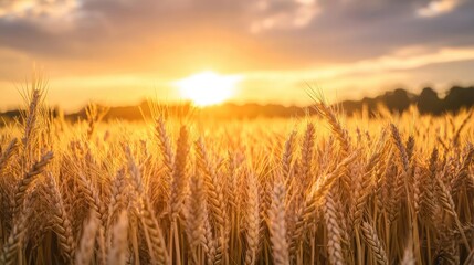 Naklejka premium A field of sunlit golden wheat ready for harvest, creating a stunning agricultural scene.
