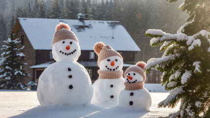 Obraz premium Three snowmen of different sizes stands in front of a cozy, snow-covered cottage. Concept of winter and family fun.