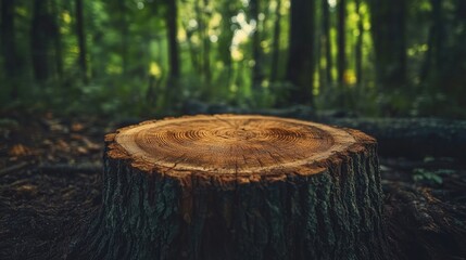 A freshly cut tree stump in a forest, with tree rings clearly visible, showcasing age.
