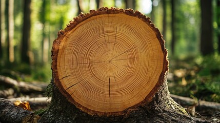 Fototapeta premium A freshly cut tree stump in a forest, with tree rings clearly visible, showcasing age.