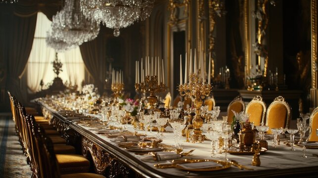 A grand dining table set for a banquet in a royal palace, complete with chandeliers and gold cutlery.