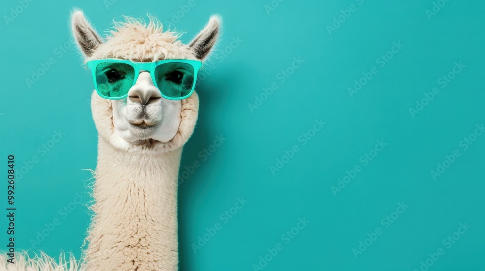 Wall mural A cool llama sporting trendy sunglass shades against a solid pastel background, bringing flair and fun to your visuals