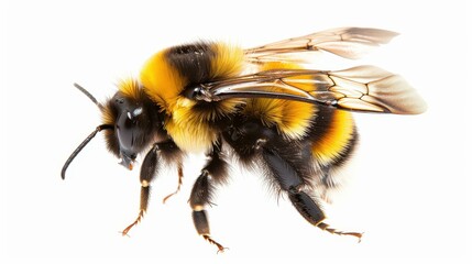 A breathtaking closeup of a bumblebee in midflight, showcasing its vibrant colors and intricate features against a white background.