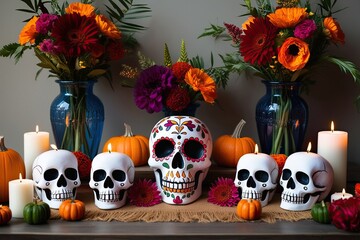 Unique Skull Altar with Seasonal Flowers and Candles for Day of the Dead Celebration