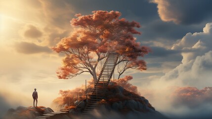 A man stands at the bottom of a tree with a staircase leading up to it