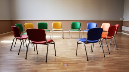 An arrangement of colorful chairs in a circle on a wooden floor, prepared for a group meeting or discussion.