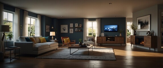 smart home, featuring various connected devices and appliances, shot from a low angle with a wide-angle lens, living network power room, security, smart  system home modern technology concept