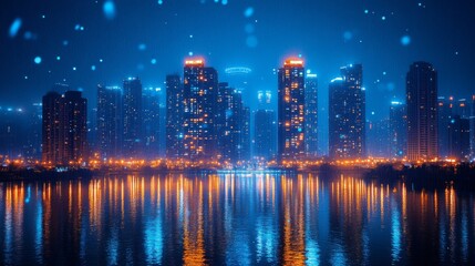 Fototapeta premium Nighttime Cityscape with Rain and Reflections