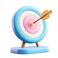 3D Cartoon Style Arrow Hitting the Bullseye Target Icon, Floating on a Transparent Background PNG