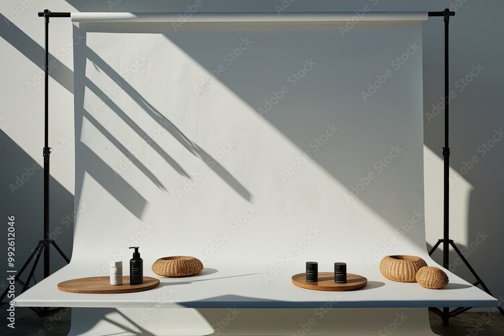 Poster artistic product display using off white background with shadows and sunlight effects