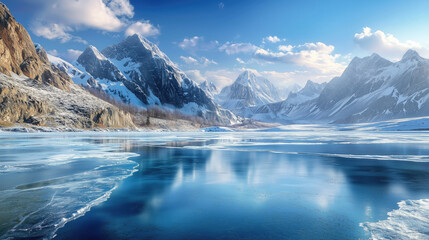 Lake covered with ice and surrounded with majestic mountains in winter