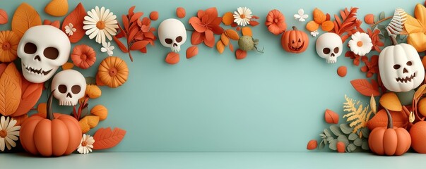 Fototapeta premium A vibrant Halloween scene featuring pumpkins, skulls, and colorful leaves, perfect for festive autumn designs.