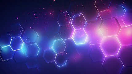 A vibrant abstract background featuring a pattern of glowing hexagons in shades of blue, purple, and pink, creating a dynamic and futuristic visual effect.
