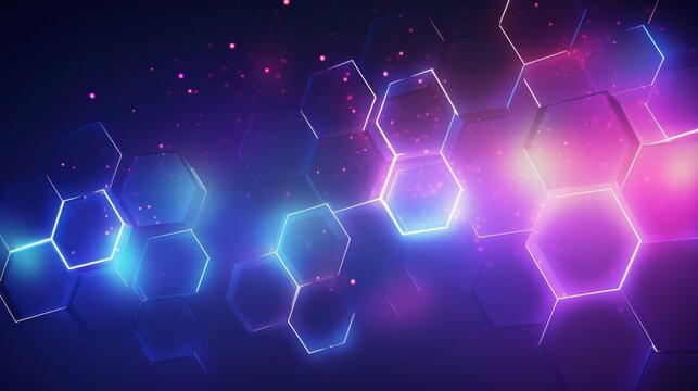 A vibrant abstract background featuring a pattern of glowing hexagons in shades of blue, purple, and pink, creating a dynamic and futuristic visual effect.