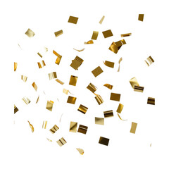 Falling shiny golden confetti isolated on transparent background. Bright festive tinsel of gold color