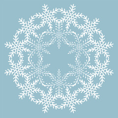 Round frame made of snowflakes isolated on a pastel blue background. White snowflake with copy space for your text. Vector illustration, design element.