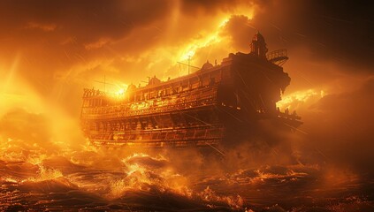 Fototapeta premium Dramatic scene of Noah's Ark in the middle of a stormy sea, illuminated by golden light.