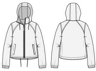 Hooded cropped jacket technical CAD fashion illustration front and back views	