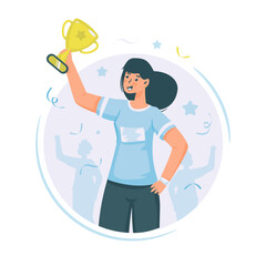 Happy successful girl character lifts the trophy vector illustration