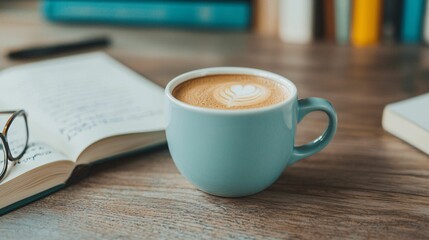 A blue cup of coffee with latte art sits on a wooden desk beside an open book and reading glasses, creating a warm and cozy study atmosphere.