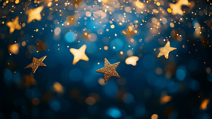 Golden stars shimmering against a dark blue background illuminated by soft, sparkling lights