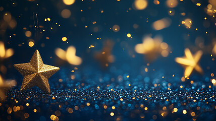 Golden star decorations shine brightly against a blue backdrop, creating a festive atmosphere