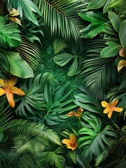 Tropical leaves with yellow flowers, green background
