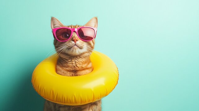 Cat in sunglasses, yellow inner tube