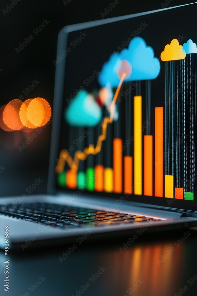 Poster a vibrant data visualization displayed on a laptop screen, highlighting growth and trends with color
