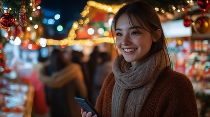 Obraz premium A cheerful young woman stands near a festive holiday booth, smiling at her smartphone, surrounded by colorful lights, Christmas decorations, and excited shoppers.