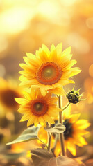 Obraz premium Garden with beautiful sunflowers, light gradient, blurred background