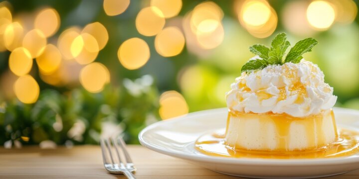 A dessert of a perfectly formed rosette of whipped cream, with mint leaves and a drizzle of honey.