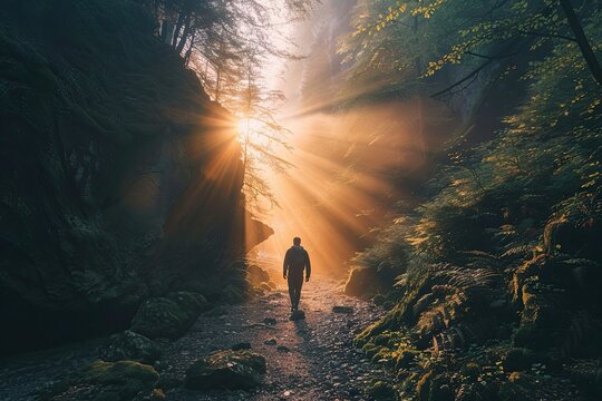 A man walks in a forest with dramatic sunlight streaming through trees, creating a peaceful scene. Heavenly light falling and trusting in god.