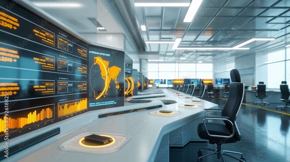 Poster modern control room with high-tech screens and interface