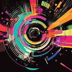 Obraz premium Abstract circular pattern with bright colors and geometric shapes on a black background.