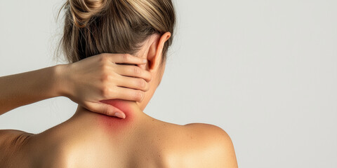 Close up of a woman touching redness on her back skin, generative AI