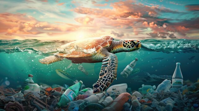 A sea turtle swimming amidst ocean plastic pollution, representing environmental harm.